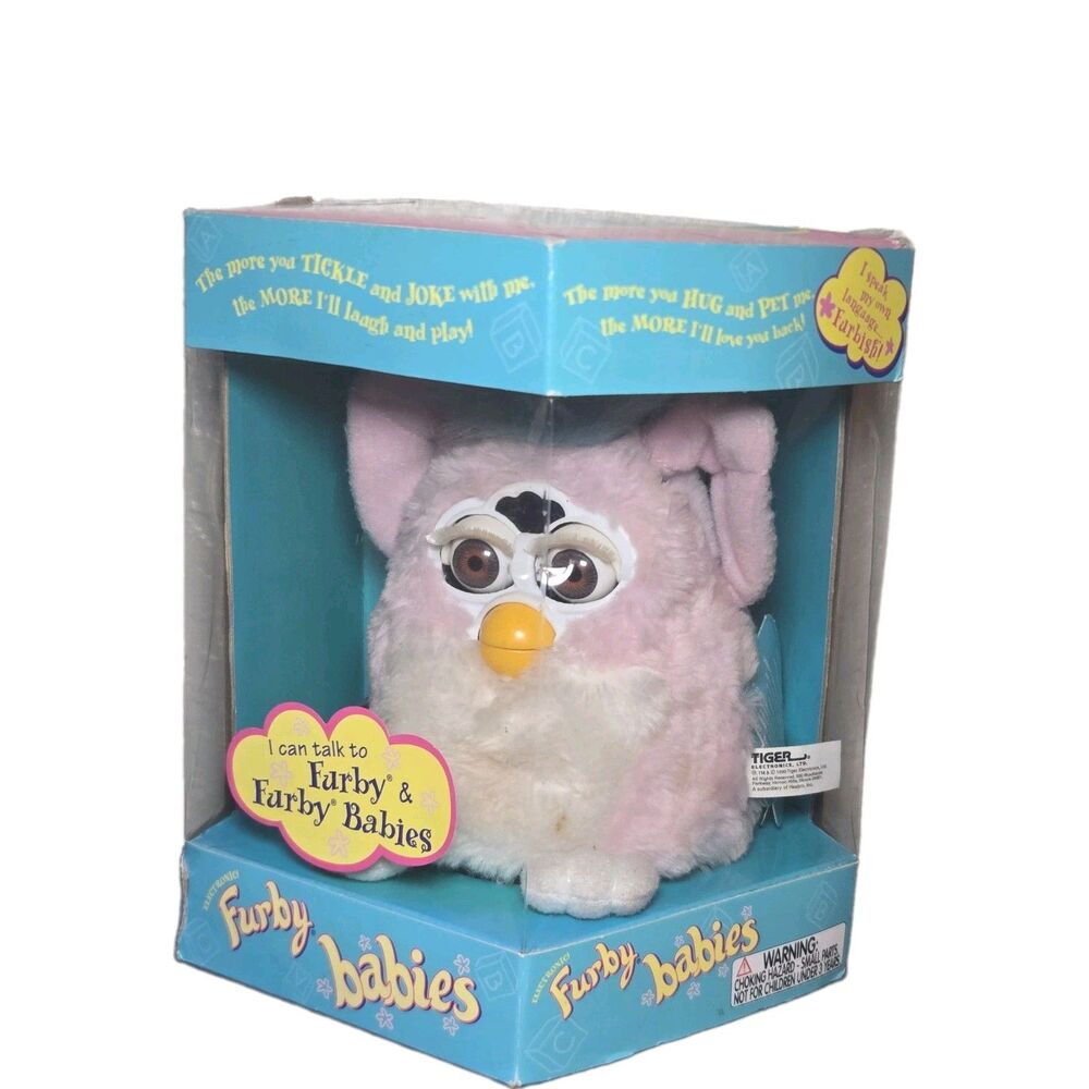 1999 Furby Baby Pink White Blue Hair Working w Box Tag Dictionary Tested